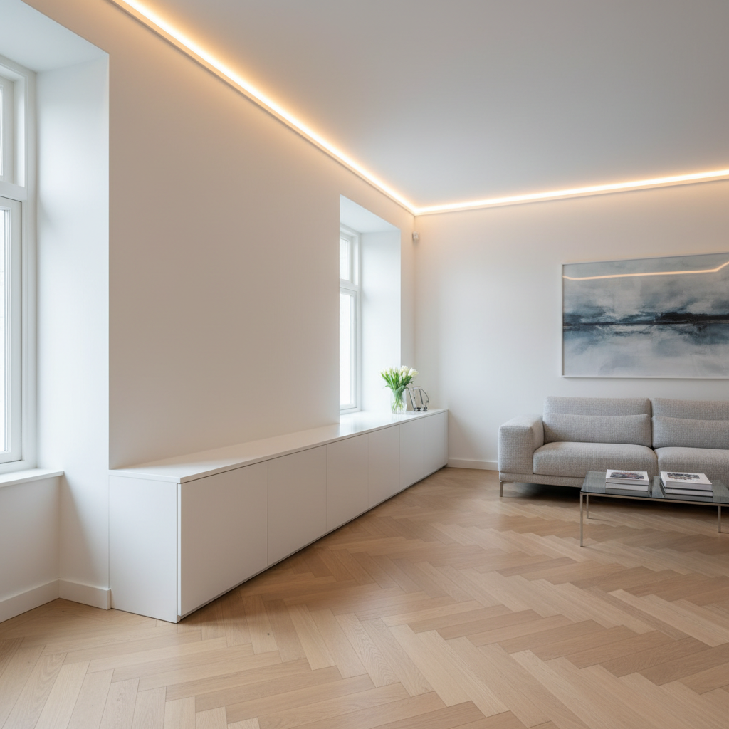 A pristine, freshly renovated living room showcasing high-quality finishing: flawlessly plastered white walls, razor-straight ceiling lines, and a perfectly aligned recessed LED strip casting warm, even light. The oak herringbone floor has tight joints and a satin finish that subtly reflects the illumination. Along one wall, a custom-built, matte white media cabinet fits seamlessly into a niche, with sharp, accurate corners and invisible hinges. Photographic realism, captured from a slightly elevated corner view with balanced composition, natural window light from the left supplemented by warm indirect ceiling lighting. The atmosphere is calm, orderly, and distinctly professional, highlighting the precision and craftsmanship of an expert klusbedrijf in residential renovations.