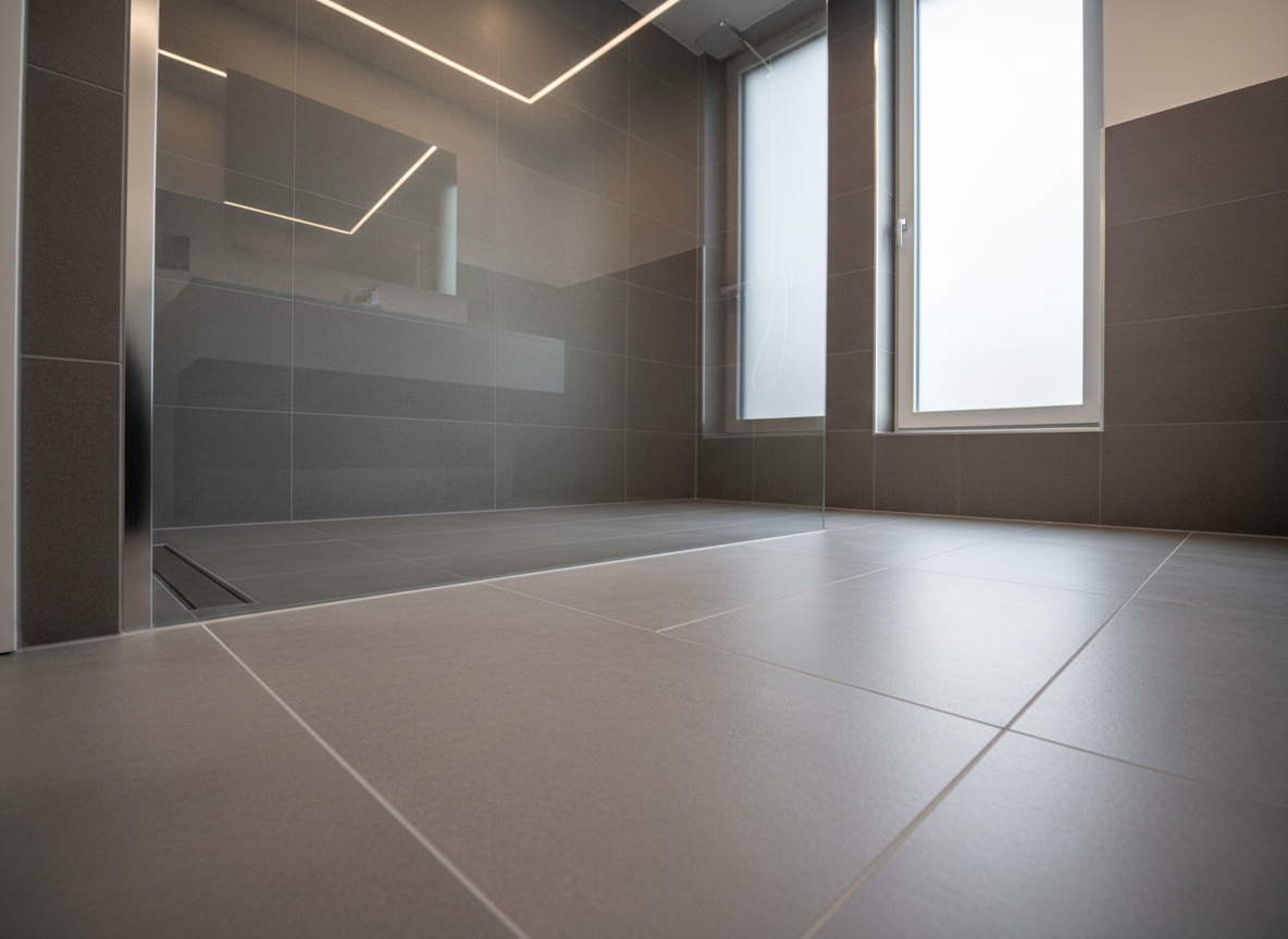 A close-up, photographic realistic view of a meticulous bathroom renovation: large-format matte gray tiles laid with laser-straight joints, evenly spaced with minimal grout lines. A walk-in shower features a flush, linear stainless steel drain perfectly aligned with the tile pattern, and a precisely installed glass shower wall with immaculate silicone joints. Soft, diffused ceiling lighting combines with subtle daylight from a frosted window, emphasizing clean surfaces and flawless finishes. Shot at a slightly low angle along the floor, creating strong perspective lines that draw attention to precision and alignment. The mood is hygienic, professional, and technical, showcasing the ‘iron-strong’ quality and reliability of an expert construction company specialized in bathroom remodeling.